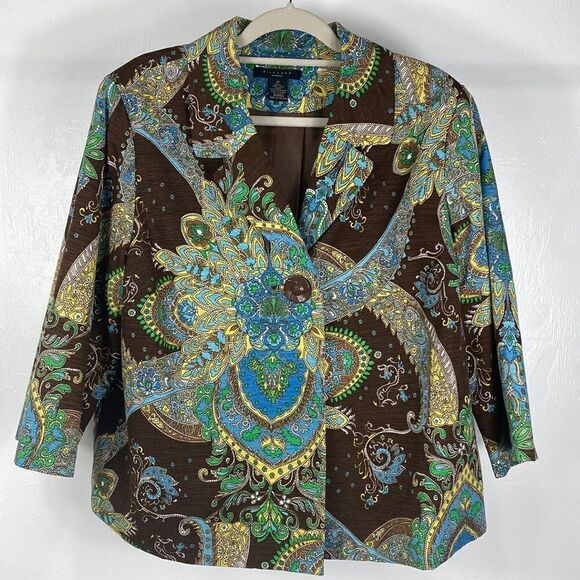 Silkland silk paisley print 3/4 sleeves single button closure blazer size 1X - Picture 1 of 9